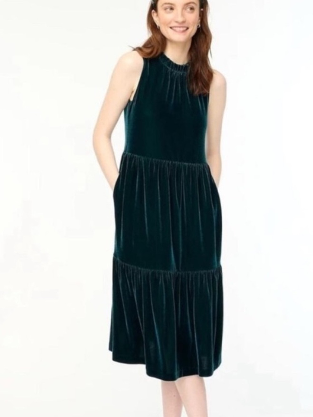 J. Crew Dark Green Velvet Midi Dress with Ruffle Neck